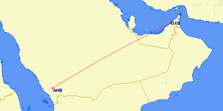 shortest flight path from Dubai to Abha (Saudi Arabia)