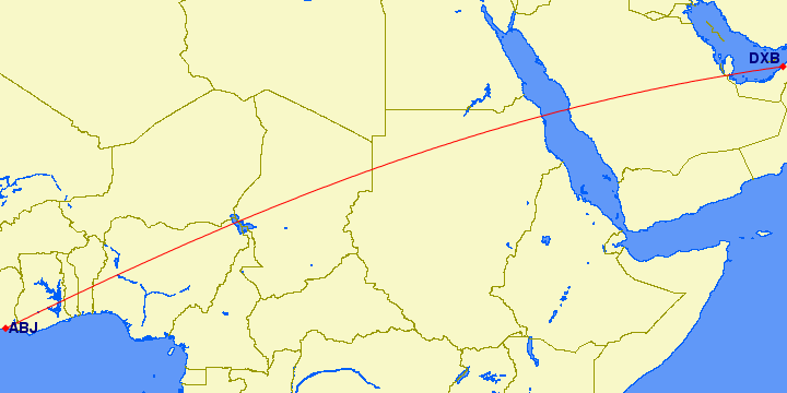 shortest flight path from Dubai to Abidjan (C?te d'Ivoire)