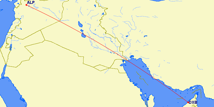 flight path between Dubai to Aleppo (Syria)