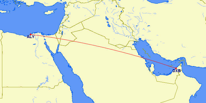 shortest flight path from Dubai to Alexandria (Egypt)
