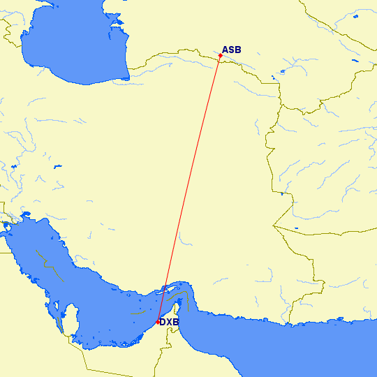 shortest flight path from Dubai to Ashgabat (Turkmenistan)