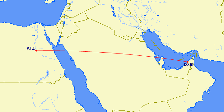 shortest flight path between Dubai to Assiut (Egypt)