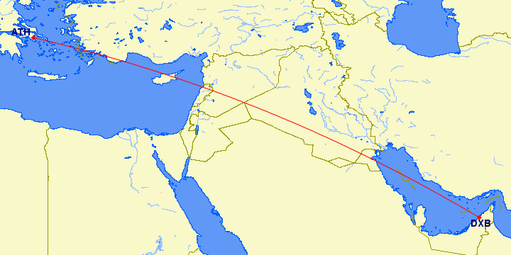 shortest flight path from Dubai to Athens (Greece)