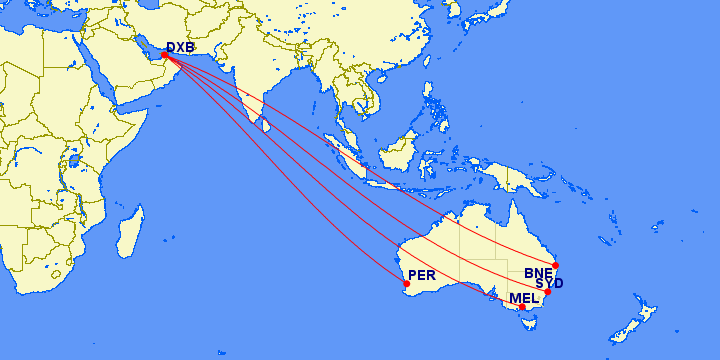 map of flight routes from Dubai to Australia