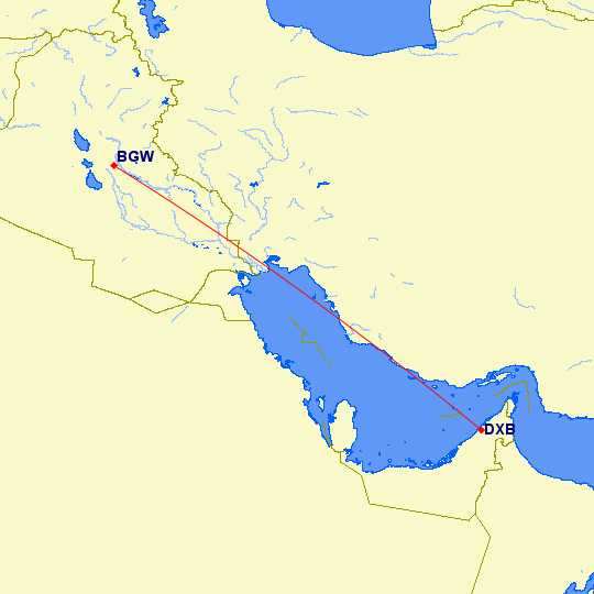 shortest flight path from Dubai to Baghdad (Iraq)