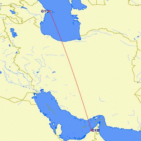 shortest flight path from Dubai to Baku (Azerbaijan)