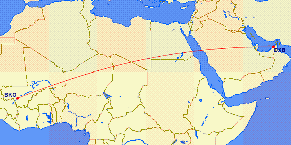 shortest flight path from Dubai to Bamako