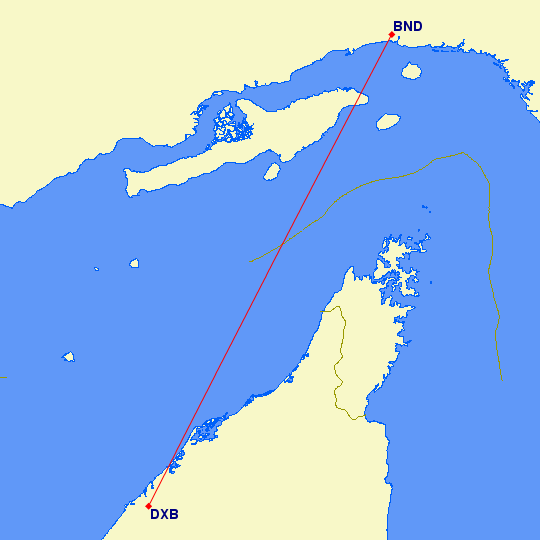 shortest flight path from Dubai to Bandar-Abbas (Iran)
