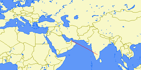 flight path from Dubai to Bangalore (India)