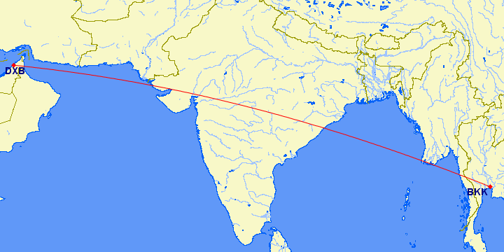 shortest flight path from Dubai to Bangkok (Thailand)