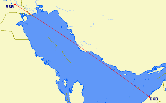 shortest flight path from Dubai to Basra (Iraq)