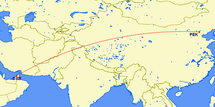 shortest flight path from Dubai (DXB) to Beijing (PEK)