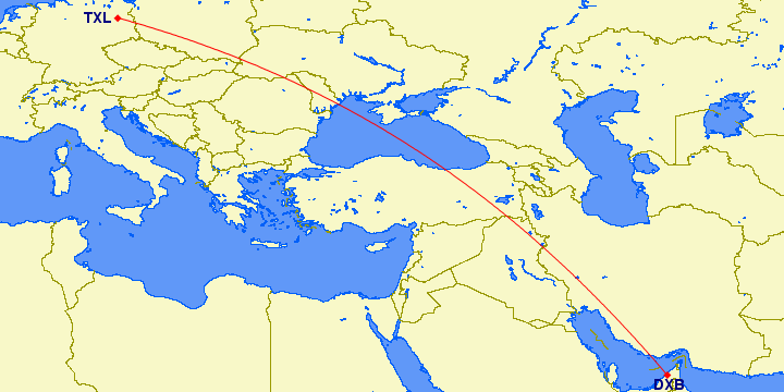 shortest flight path from Dubai to Berlin