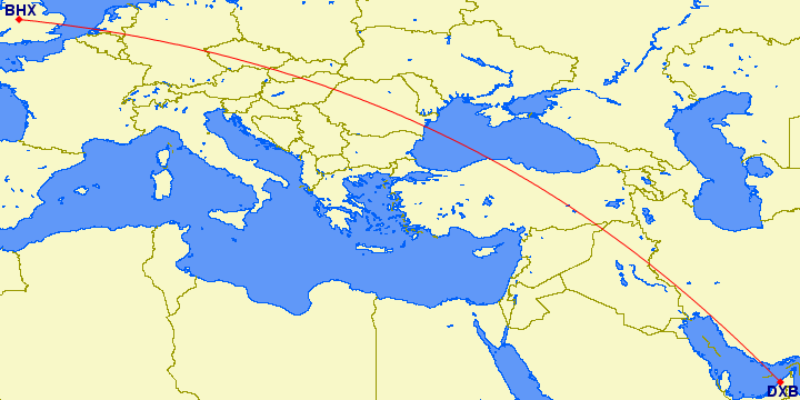 shortest flight path from Dubai to Birmingham (UK)