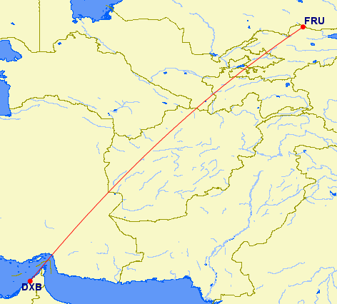flight path from Dubai to Bishkek, Kyrgyzstan