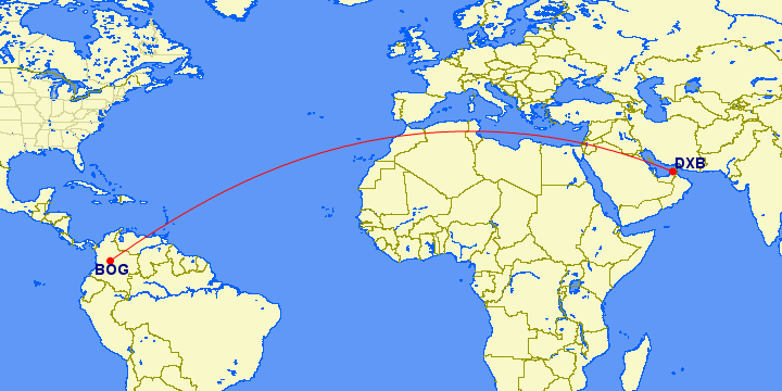 shortest flight path from Dubai to Bogotá (Colombia)