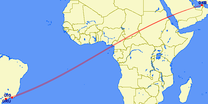 map of flight routes from Dubai to Brazil