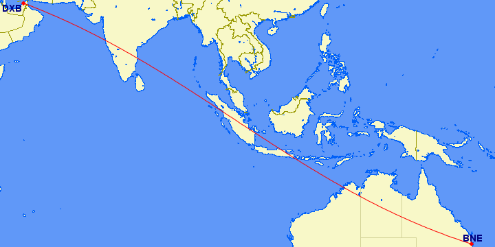 shortest flight path from Dubai to Brisbane(Australia)