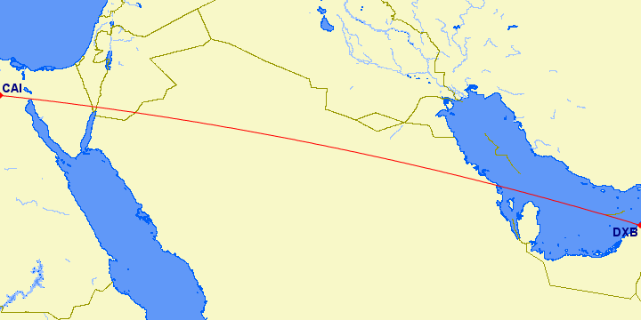 shortest flight path from Dubai to Cairo (Egypt)