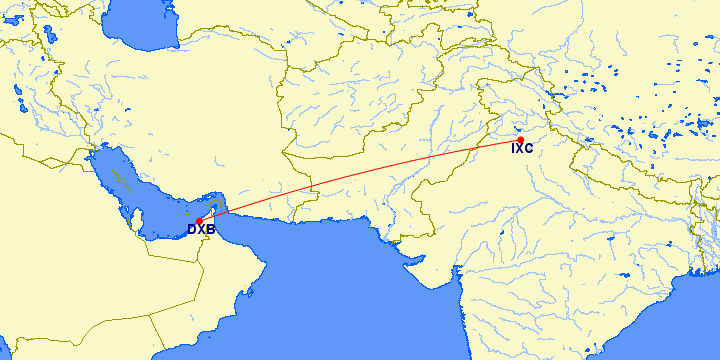 flight route between Dubai and Chandigarh, India
