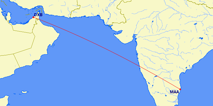 flight path between Dubai and Chennai (India)
