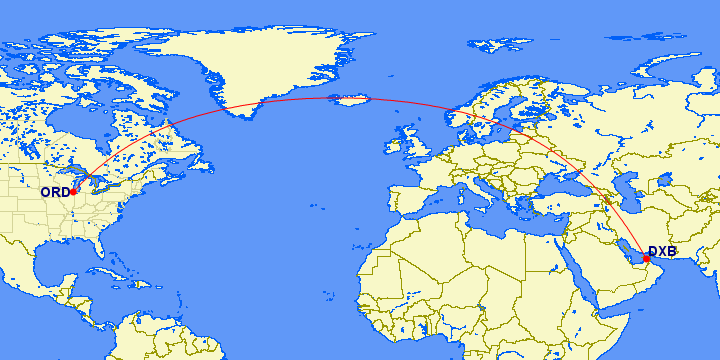 shortest flight path from Dubai to Chicago (USA)