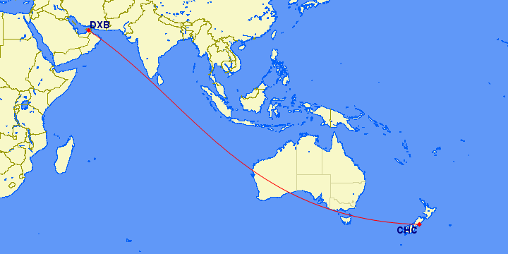 shortest flight path from Dubai to Christchurch (New Zealand)