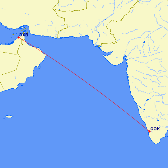 flight path from Dubai to Cochin/Kochi (in Kerala, India)