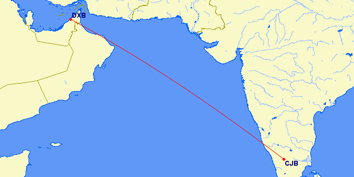 shortest flight path from Dubai to Coimbatore (India)