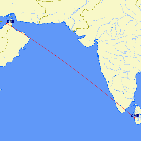 flight path from Dubai to Colombo (in Kerala, India)