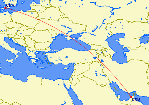 shortest flight path from Dubai to Copenhagen (Denmark)