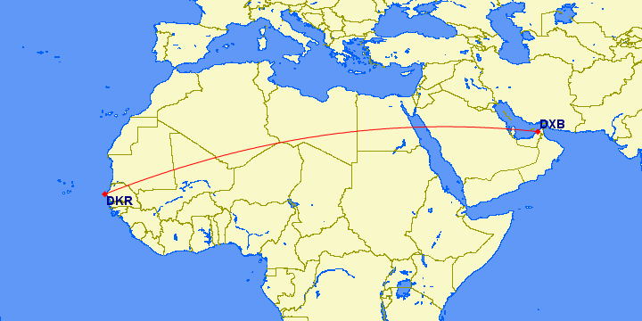 shortest flight path from Dubai to Dakar (Senegal)