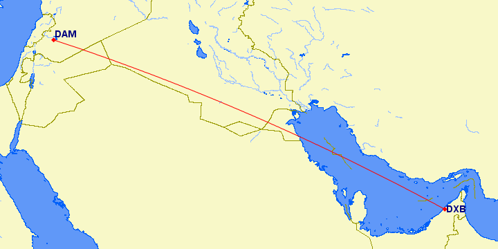 shortest flight path from Dubai to Damascus (Syria)