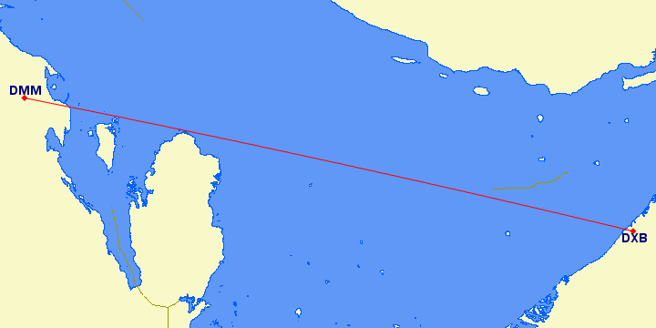 shortest flight path from Dubai to Dammam (Saudi Arabia)