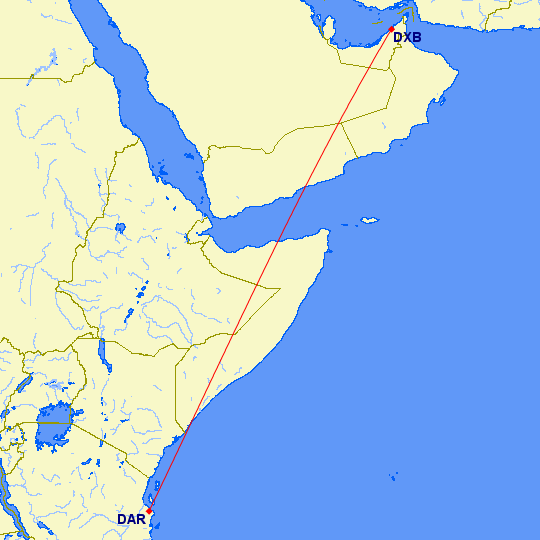 shortest flight path from Dubai to Dar Es Salaam (Tanzania)