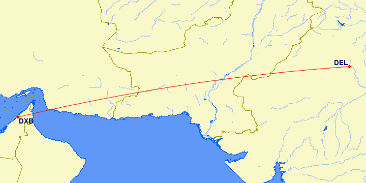 shortest flight path from Dubai to Delhi (India)