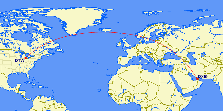 shortest flight path from Dubai to Detroit (USA)