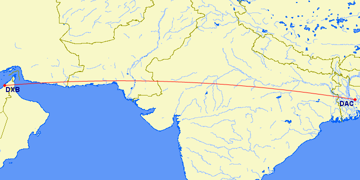 shortest flight path from Dubai to Dhaka (Bangladesh)