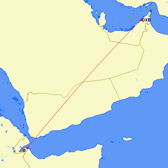 shortest distance between Dubai and Djibouti