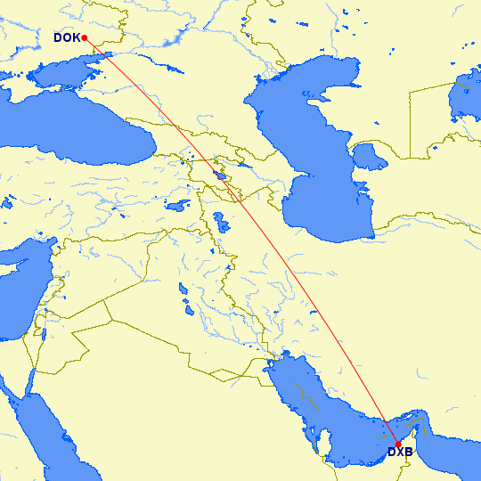 shortest flight path from Dubai to Donetsk (Ukraine)