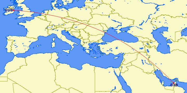 shortest flight path from Dubai to Dublin (Ireland)
