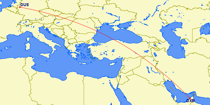 shortest flight path from Dubai to Dusseldorf (Germany)