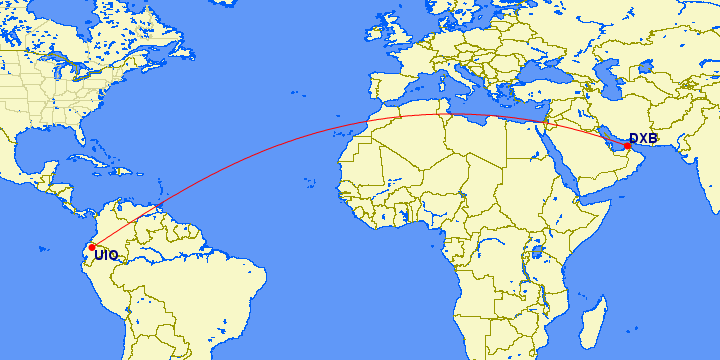 map of flight routes from Dubai to Ecuador