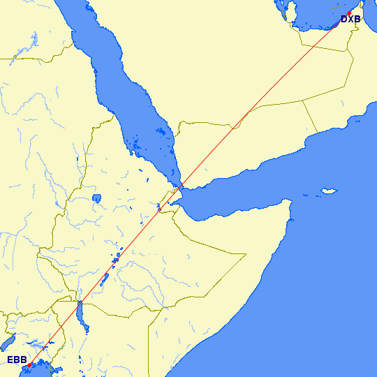 shortest flight path from Dubai to Entebbe (Uganda)