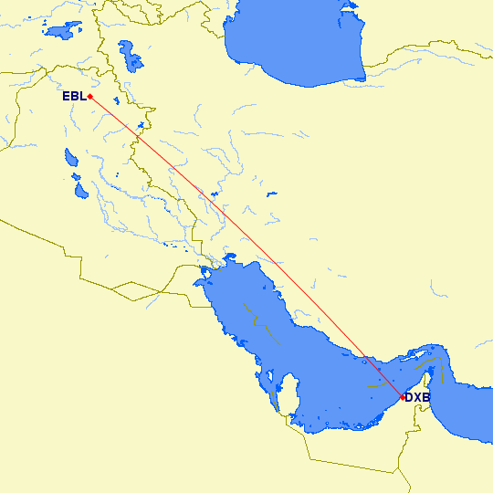 shortest flight path from Dubai to Erbil (Iraq)