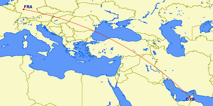 shortest flight path from Dubai to Frankfurt (Germany)