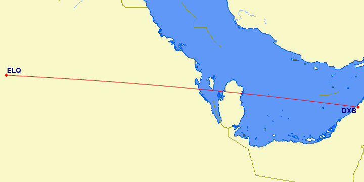 shortest flight path from Dubai to Gassim (Saudi Arabia)
