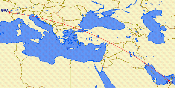 shortest flight path from Dubai to Geneva (Switzerland)