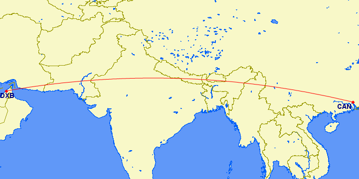 shortest flight distance between Dubai and Guangzhou