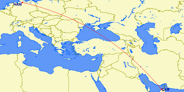 shortest flight path from Dubai to Hamburg (Germany)